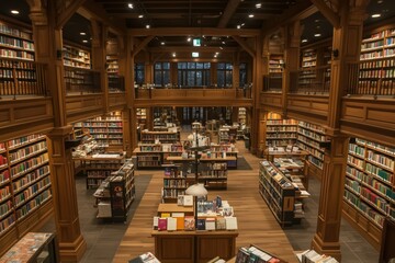 Poster - Library interior with wooden architecture, shelves filled with books, reading areas, and warm lighting
