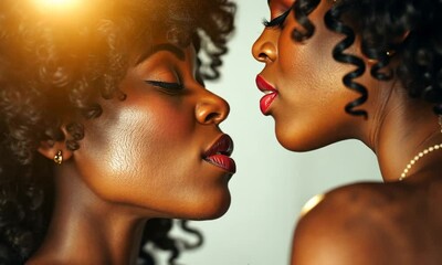Wall Mural - intimate moment between two women sharing a kiss in a cozy indoor setting during sunset