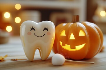 Poster - An illustration depicts a tooth figurine and dental tools on a yellow background with pumpkins and a broom in the foreground.
