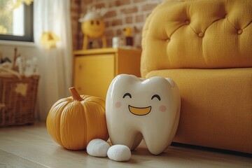 Poster - It depicts a tooth figurine and dental tools against a yellow background with pumpkins and a broom.