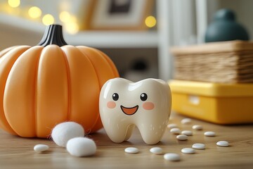 Poster - It portrays a tooth figure with dental tools on a yellow background with pumpkins and a broom in the background.