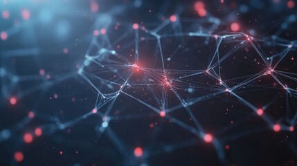 Fototapete - Abstract digital network with glowing red nodes and blue lines on a dark background.