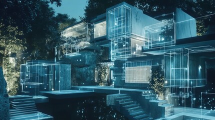 Poster - A futuristic home, rendered in glowing lines, blends seamlessly with the surrounding greenery, showcasing a harmonious fusion of technology and nature.