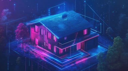 Poster - A futuristic home with glowing neon lights and a digital network surrounding it. The house is surrounded by trees.