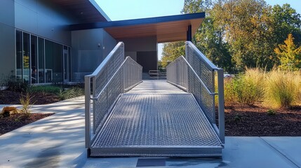 Poster - A metal bridge with a textured surface leads to a modern building with large windows.