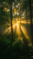 Wall Mural - golden sunlight beams through the trees in a misty forest.