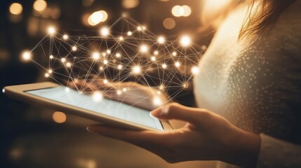 Poster - Woman Using Tablet in Office at Night Surrounded by Glowing Connections, Symbolizing Business Innovation and Technology Advancement