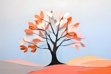 Abstract minimalist spring scene with a single, sharp silhouette of a blooming tree on a vast light grey canvas, with subtle color gradients hinting at spring freshness