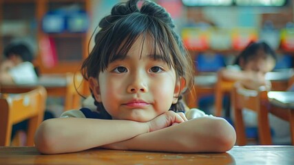 Poster - A young girl sits quietly at a wooden desk in a vibrant classroom, resting her chin on her hands, surrounded by classmates focused on their work.