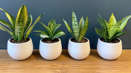 Wall Mural - Cozy living room with vibrant snake plants in white pots illuminating a bright, lush atmosphere with natural light on the wooden table