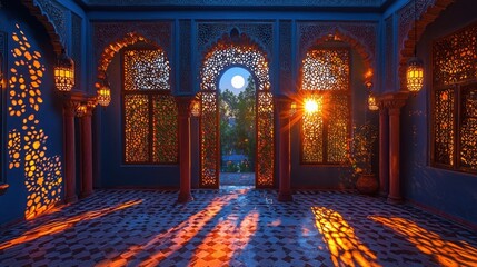 Poster - Experience the enchanting atmosphere of a moroccan courtyard adorned with patterned lamps casting beautiful shadows