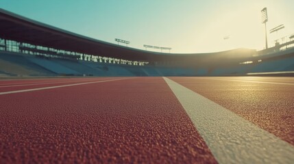 Aufkleber - Ground level view of a red running track starting line with a large stadium and setting sun in the background, creating a dramatic and inspiring sports scene