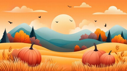 Wall Mural - Autumn Sunset Over Pumpkin Patch Landscape