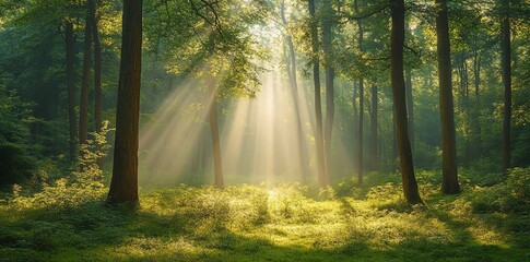 Wall Mural - sun rays shining through the trees in a misty forest.