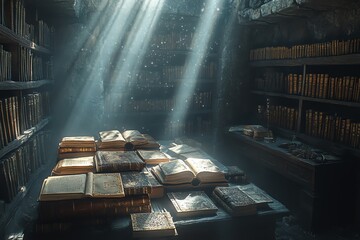 Poster - Sunbeams illuminate a dark room filled with antique books, creating a sense of mystery and wonder.