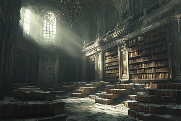Poster - Sunbeams illuminate an abandoned, dusty library with rows of bookshelves and stacks of books on the floor.
