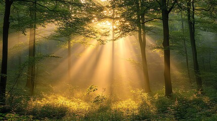 Wall Mural - sunbeams pierce through the dense canopy of a lush green forest, creating a magical and serene atmos