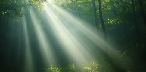 Wall Mural - sunbeams shining through the trees in a forest, creating a mystical and ethereal atmosphere.