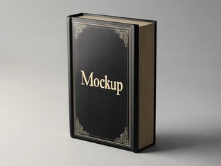 Black leather-bound book mockup with a gold-embossed design and the word 