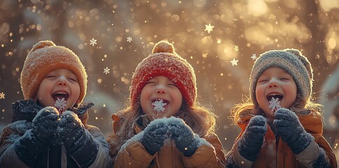 Poster - Three children in winter clothes catch snowflakes on their tongues while smiling brightly.