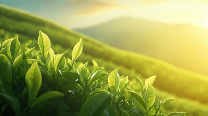 Wall Mural - Sunlit Tea Leaves on Gentle Slope