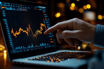 Aufkleber - A close-up of a hand pointing at a financial graph on a laptop screen in an office environment showing intense focus
