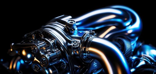 Poster - Turbocharger installation concept. A close-up of a shiny, metallic engine component featuring intricate details and smooth, flowing pipes, showcasing advanced engineering.