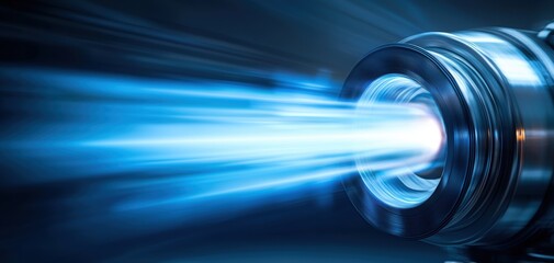 Poster - Turbocharger installation concept. A dynamic image showcasing a jet of blue light emanating from a cylindrical source, evoking a sense of energy and movement.