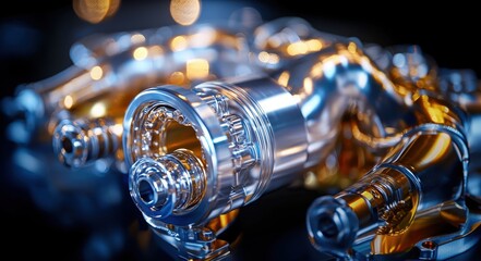 Fototapete - Turbocharger installation concept. A close-up of intricate, transparent components reflecting light, showcasing detailed craftsmanship and modern engineering.