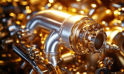 Poster - Turbocharger installation concept. A close-up of a shiny metallic pipe or component, reflecting light, showcasing intricate engineering and design, likely part of a machine or vehicle.