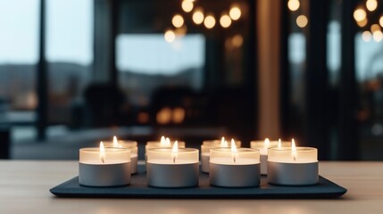 Wall Mural - Set of lit tealight candles on a dark rectangular tray in a cozy dimly lit room with blurred bokeh lights in the background.