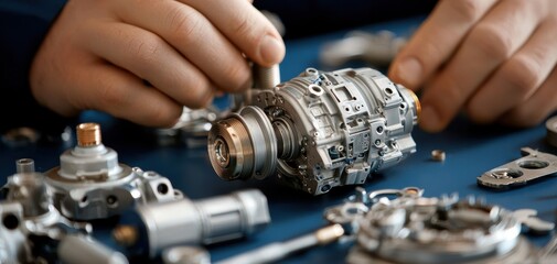 Fototapete - Turbocharger installation concept. A person meticulously assembling intricate mechanical parts of a complex device, showcasing precision and attention to detail.