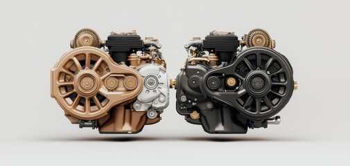 Poster - Turbocharger installation concept. Two distinct automotive engines displayed side-by-side, showcasing their contrasting colors and intricate mechanical details.