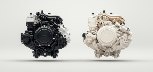 Poster - Turbocharger installation concept. Two motorcycle engines are displayed side by side, showcasing contrasting colors and designs, with one engine in black and the other in white.