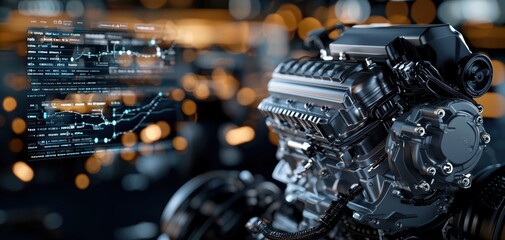 Poster - Turbocharger installation concept. close-up view of a high-performance engine, showcasing intricate details and futuristic digital overlays, emphasizing technology and innovation in automotive design.