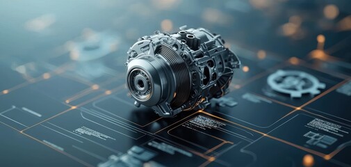 Poster - Turbocharger installation concept. A detailed mechanical component displayed against a digital interface, showcasing intricate designs and technological sophistication.