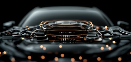 Leinwandbilder - Turbocharger installation concept. A close-up view of a futuristic, high-tech device showcasing intricate details and glowing elements, set against a dark background.
