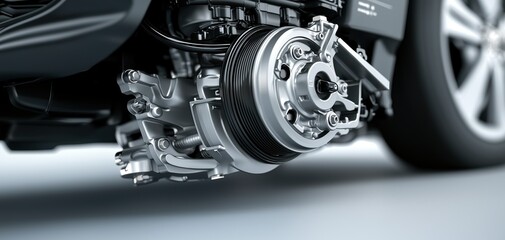 Poster - Turbocharger installation concept. A close-up view of a car engine component, showcasing intricate parts and engineering design, emphasizing the mechanics involved in automotive technology.