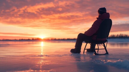 Poster - A man sits in a chair on a frozen lake at sunset