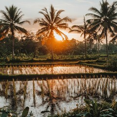 Poster - Palm trees framing a sunset over rice paddies.