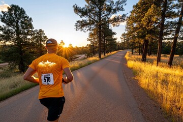 Poster - A person running along a forest trail at sunrise, surrounded by tall trees and golden morning light