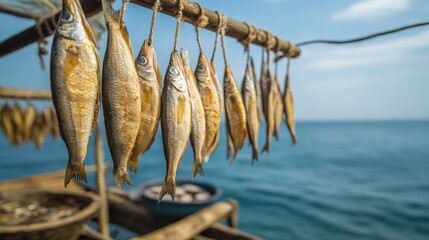 Close-up of fish drying on ropes strung along the coast, with the ocean horizon in the distance