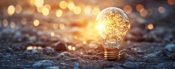 Aufkleber - Light bulb shining brightly, illuminating dark rocky landscape at sunset