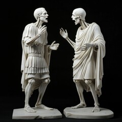 Two marble statues of men, one with visible bones, in a dramatic pose, facing each other.