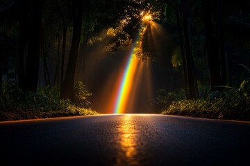 Poster - A rainbow peeking through trees in a misty forest, light filtering in and creating a magical scene