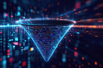 Poster - Digital vortex with binary code, vibrant colors, abstract technology concept, glowing particles, futuristic design