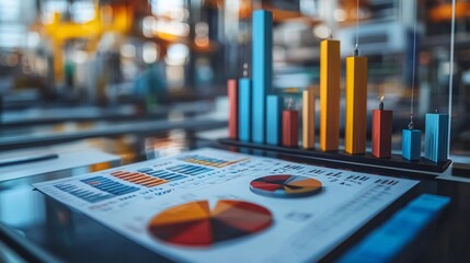 Aufkleber - Growing bar chart symbolizing increasing business success with colorful pie charts and data report in background