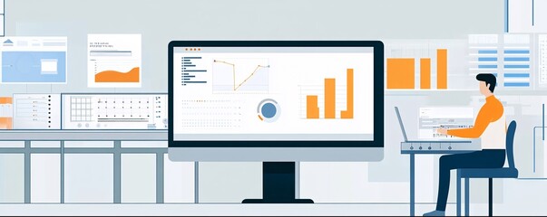Aufkleber - Businessman analyzing data using computer and charts displaying statistics and business performance
