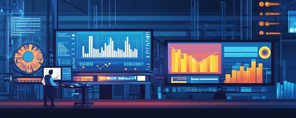 Aufkleber - Engineer monitoring data from multiple screens in futuristic control room