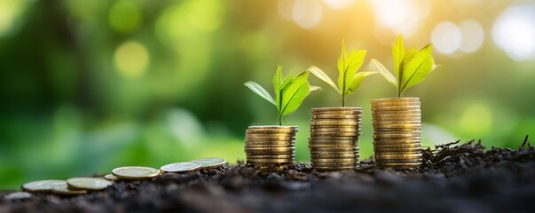 Poster - Growing plants on increasing stacks of coins symbolizing investment growth